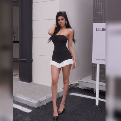 【蜜蜜家】暗夜精灵 欧美辣妹撞白蕾丝可拆胸垫梦露连衣裙25/Y543