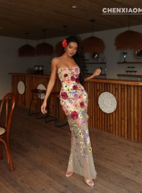 【蜜蜜家】 欧美辣妹带可拆胸垫立体飞绣莫奈花园长裙 ZA126