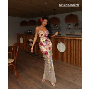 【蜜蜜家】 欧美辣妹带可拆胸垫立体飞绣莫奈花园长裙 ZA126