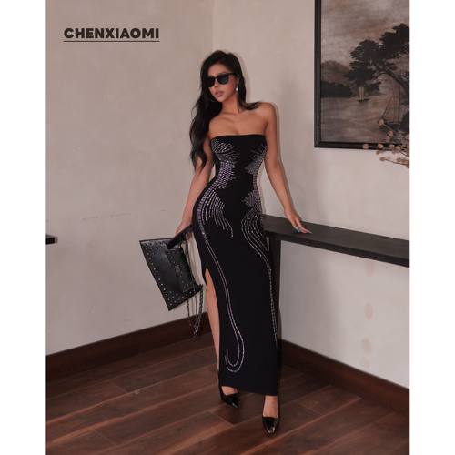 【蜜蜜家】固定胸垫维纳斯方晶钻抹胸连衣裙长裙 26/ZA031