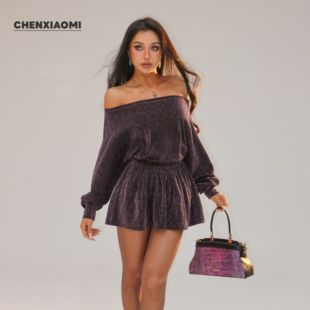 蜜蜜家 葡萄庄园 连衣裙短裙 Y805 欧美辣妹满钻船领蝙蝠袖