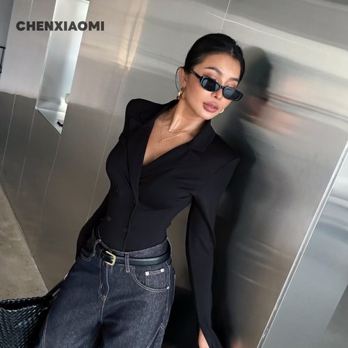 【蜜蜜家】北海道初雪欧美辣妹性感修身长袖带垫肩连体衣25/ZA045