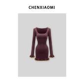 蜜蜜家 花朝冰岛棉前后两穿法式 撞色花边毛织包臀短裙 M071