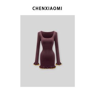 撞色花边毛织包臀短裙 花朝冰岛棉前后两穿法式 M071 蜜蜜家