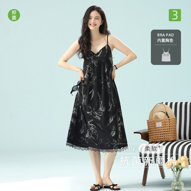 吊带睡裙女睡衣带胸垫夏季纯棉中裙宽松大码家居服沙滩连衣裙
