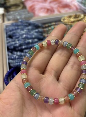 天然水晶手链女多宝彩虹药片直切手串白水晶海蓝宝单圈轻奢简约