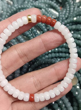 和田白玉直切药片手链尺寸6m搭配南红8K镀金配饰文玩手串热销