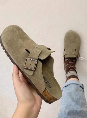 宝藏级·厚底勃肯鞋女春夏复古真皮钓鱼软木平底半拖博肯包头拖鞋