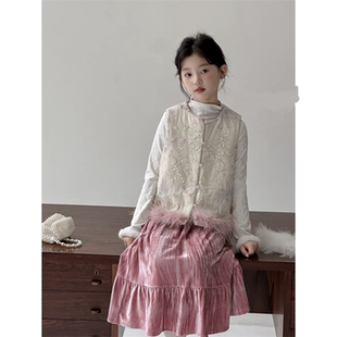韩版童装秋冬新款女童超好看提花毛毛拼接国风马甲丝绒半裙套装潮