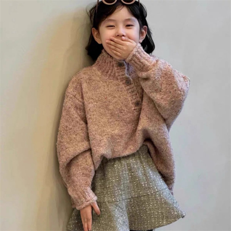 韩系童装秋冬新款女童潮范针织衫中大童时尚半高领扣子毛衣外套潮