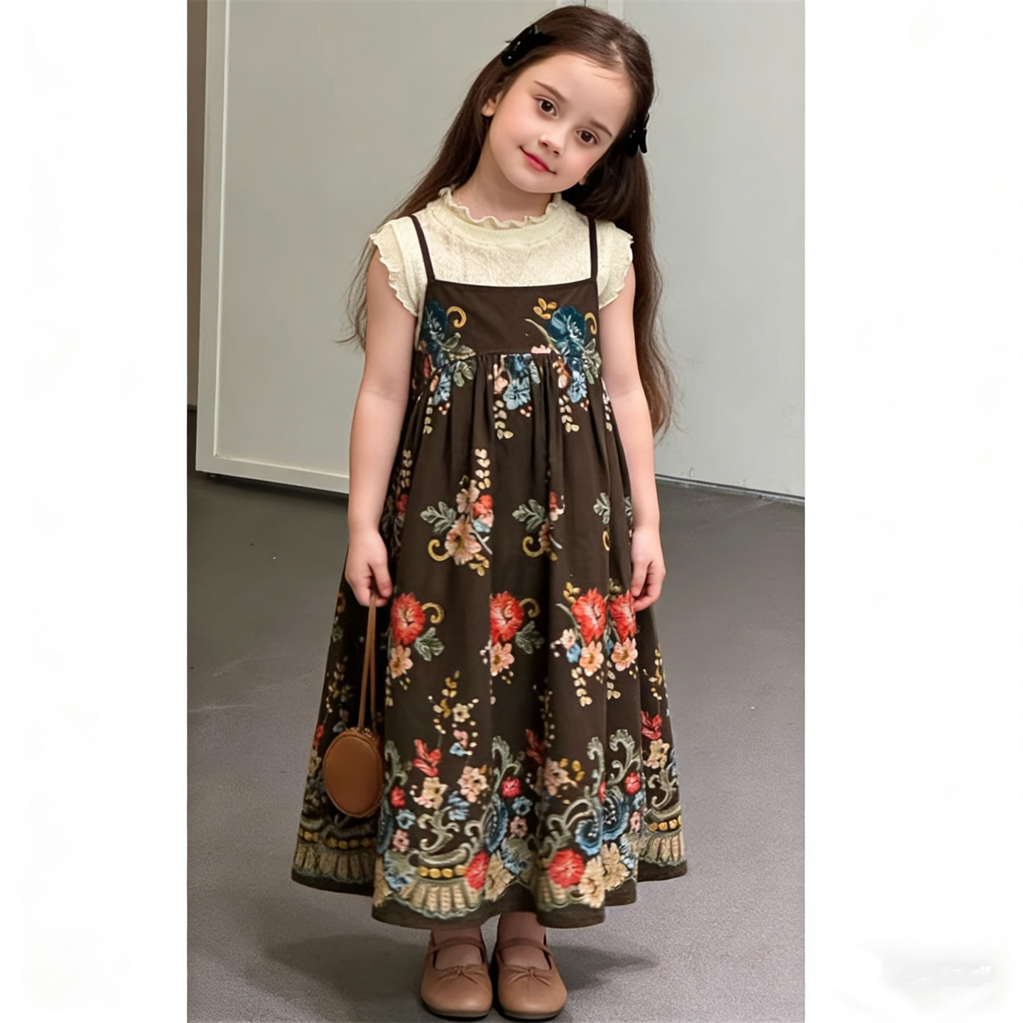 韩版童装夏季新款女童复古油画碎花吊带长裙木耳边短袖打底衫套裙