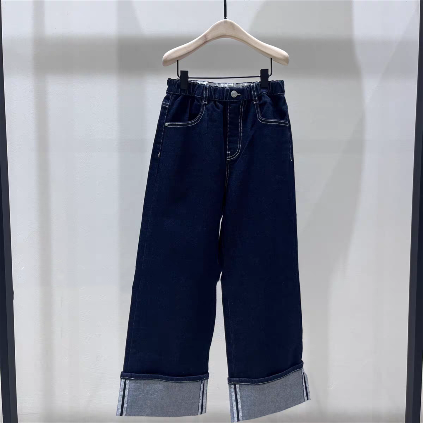 秋男女简约休闲裤卷边牛仔长裤潮