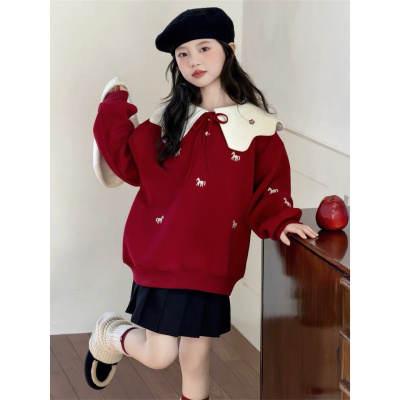 秋冬女红色印花娃娃领加绒卫衣潮