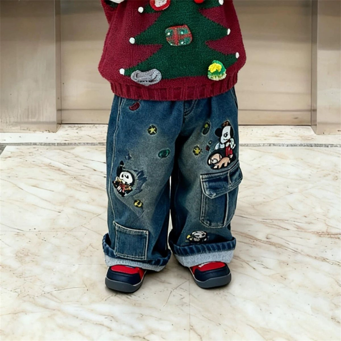 冬男女印花一体绒工装直筒牛仔裤