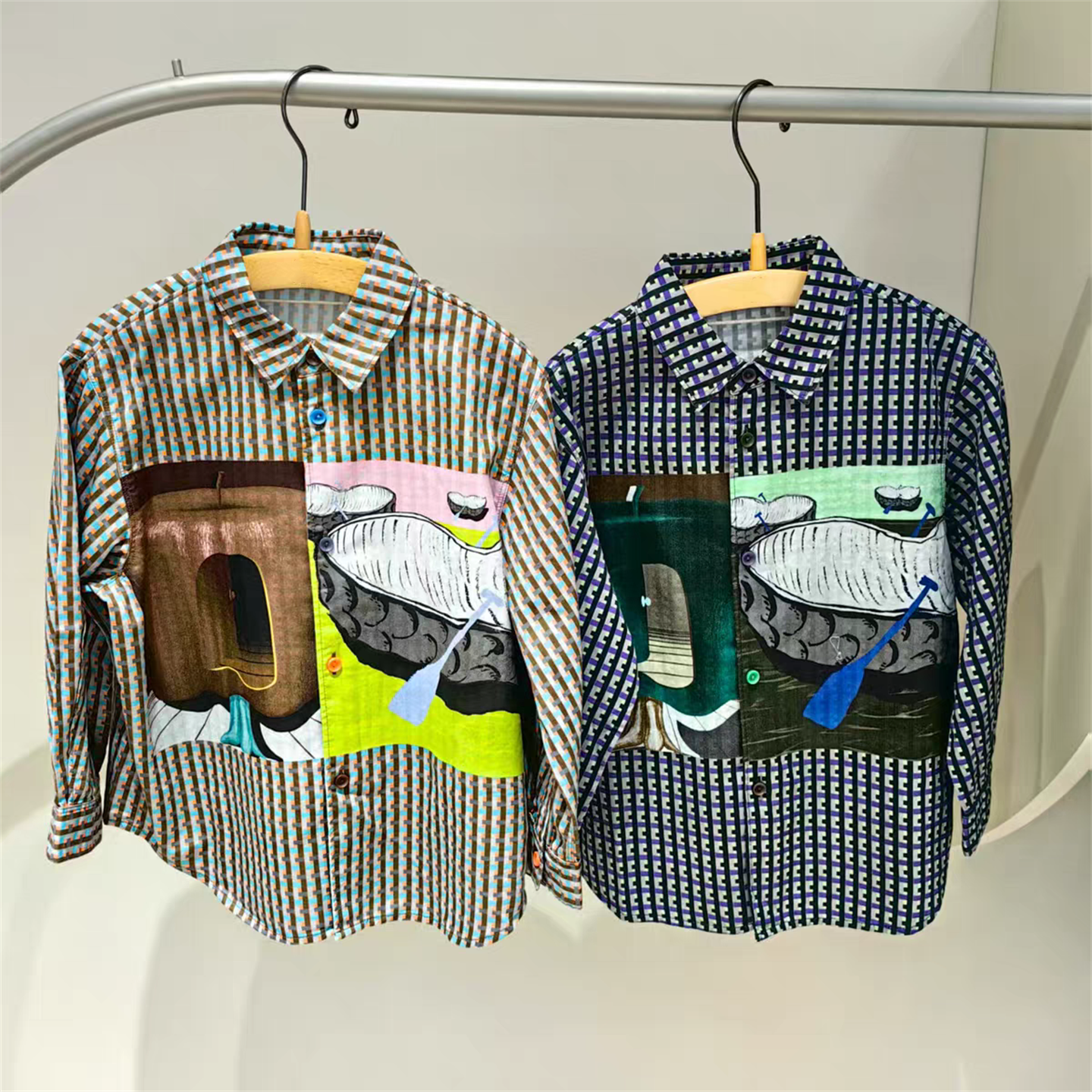 秋男女格子衬衫印花长袖休闲上衣