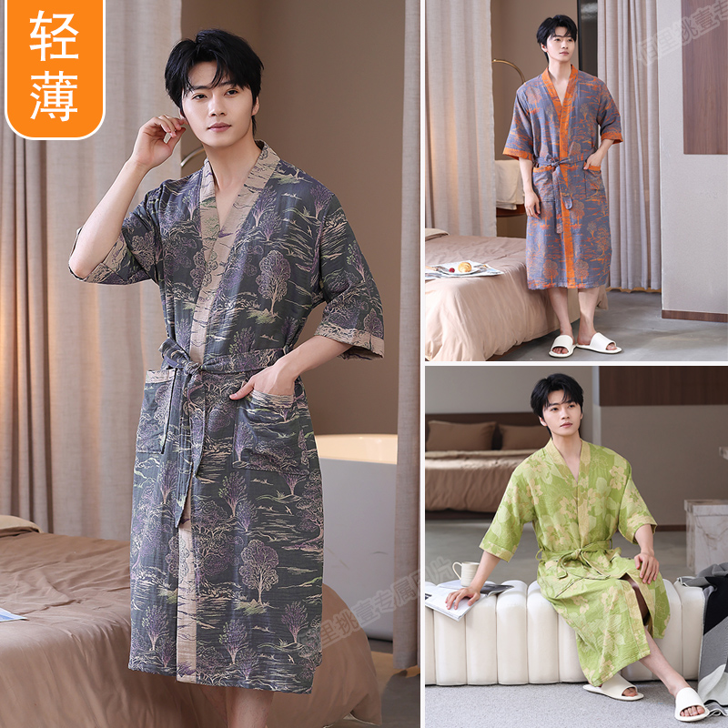 国潮春夏季薄款纯棉双层纱布男式浴袍男士吸水速干全棉睡袍家居服