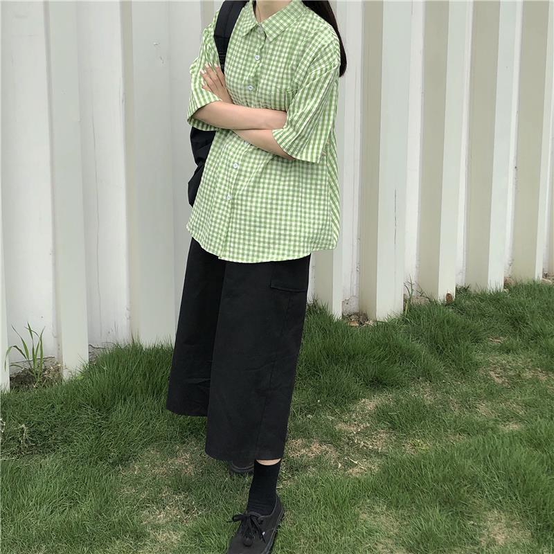 百搭风绿色格子ins潮短袖衬衣