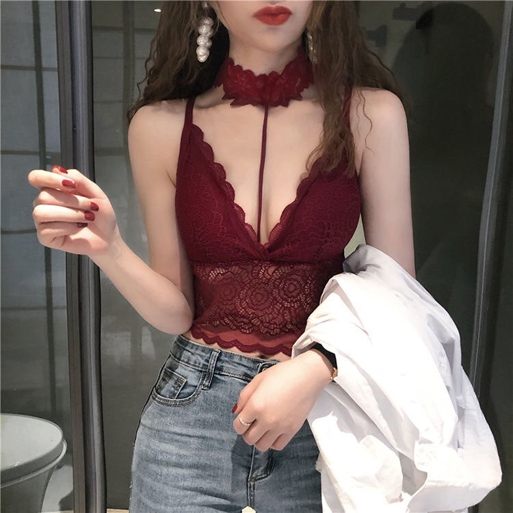 辣妹夜店性感情趣内衣套装蕾丝裹胸小胸挂脖性感V领黑色吊带背心