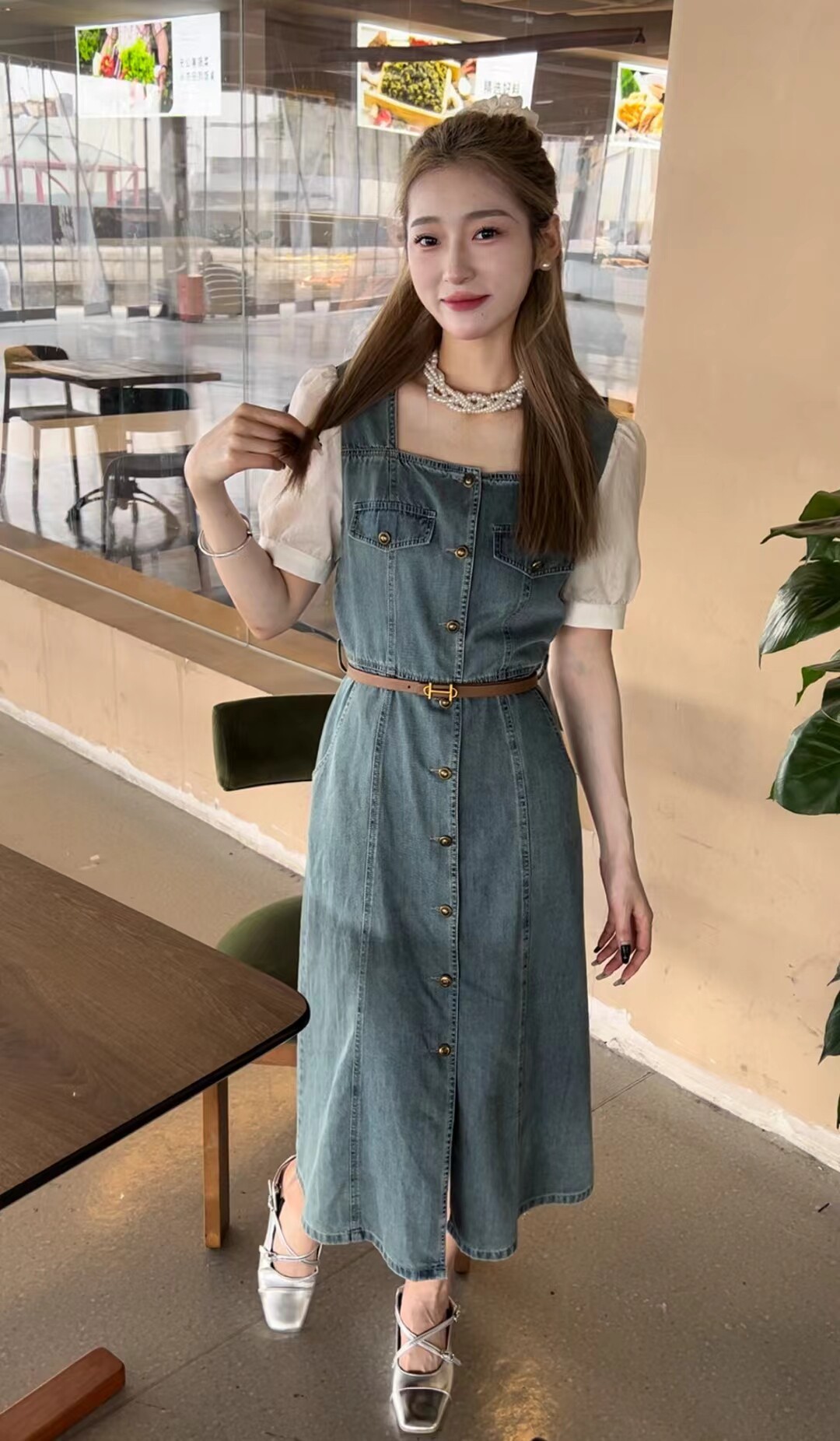 2024夏专柜品质时尚减龄拼接方领牛仔连衣裙女莎奈尔新款
