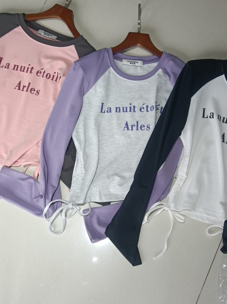 小个子春季新款喜大东C8008字母收绳拼色T恤衫长袖女小衫