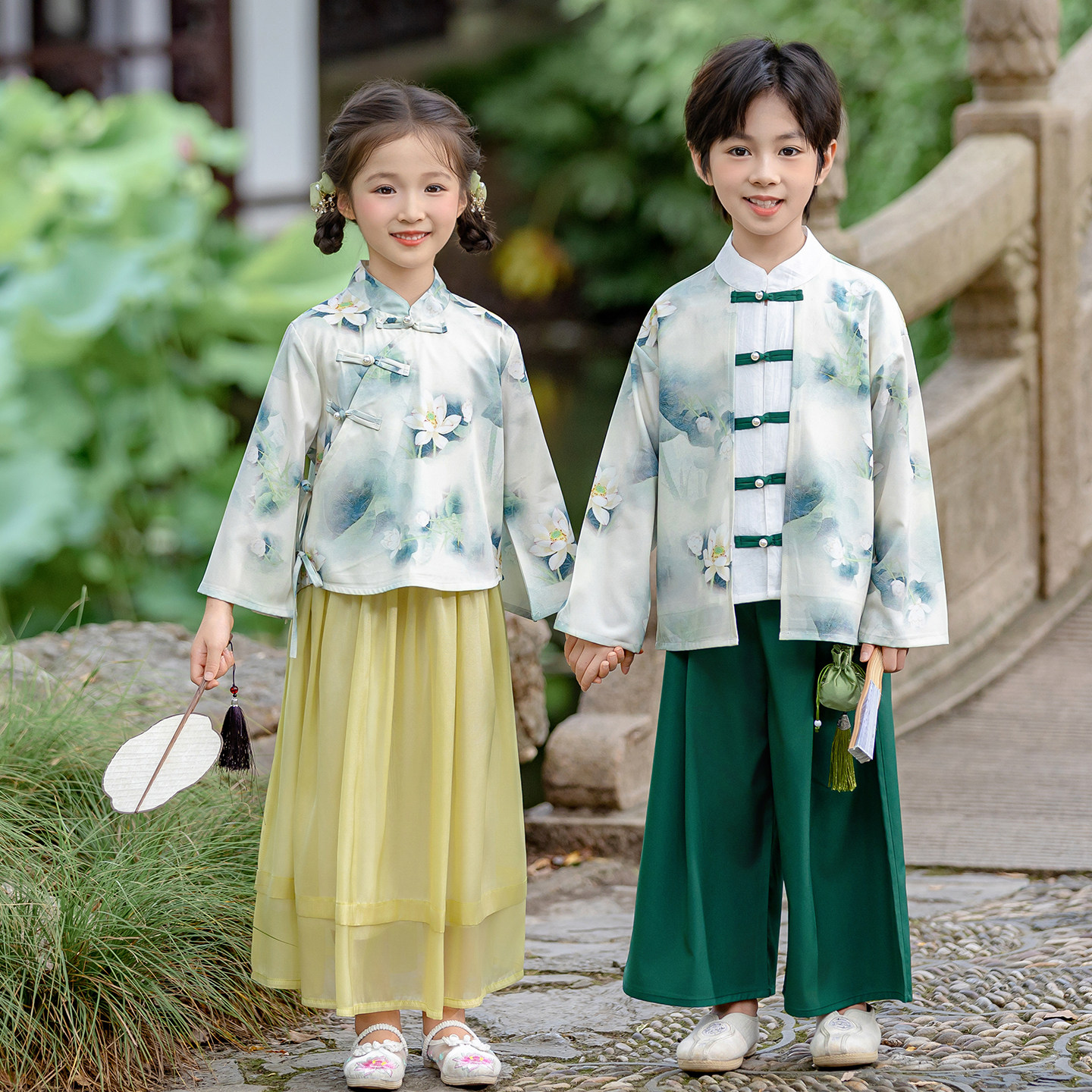 儿童春秋中国风唐装演出服荷花印花盘扣汉服兄妹装汉服表演服套装