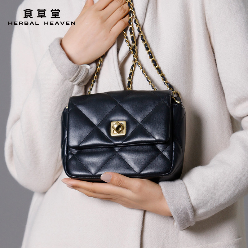 食草堂包包女包2021新款单肩轻奢链条包菱格纹小香风斜挎包ZB-038