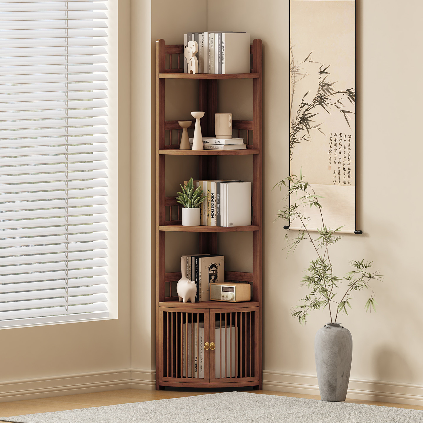 转角置物架实木落地墙边角收纳柜客厅三角柜子餐厅拐角书架储物柜