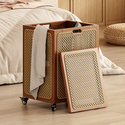 藤编脏衣篓家用带盖收纳篮高颜卫生间脏衣篮大容量带轮衣服收纳筐