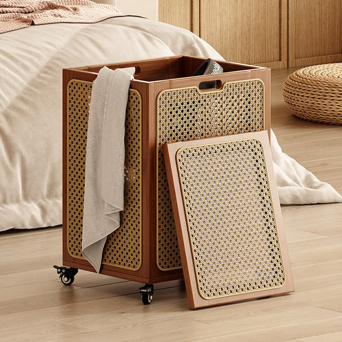 藤编脏衣篓家用带盖收纳篮高颜卫生间脏衣篮大容量带轮衣服收纳筐