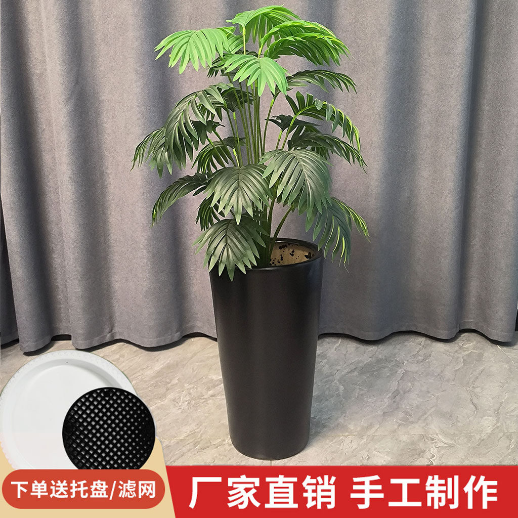 黑色磨砂特大子弹陶瓷花盆大号简约炮筒圆形花盆纯黑色高筒大花盆