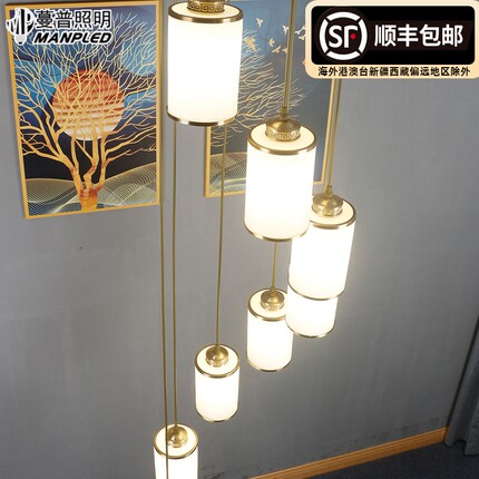 复式楼梯吊灯新中式全铜楼梯间灯具美式别墅中空旋转楼梯灯长吊灯