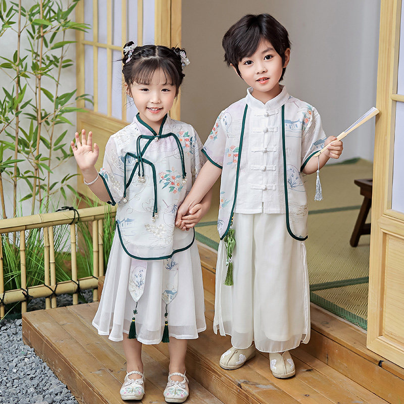 儿童唐装男女宝宝夏季新款套装中国风国学汉服幼儿园朗诵演出礼服