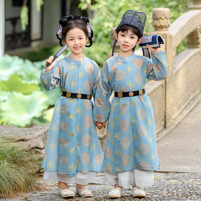 男女童秋季唐制圆领长袍2025新款儿童古装汉服小学生国学表演出服