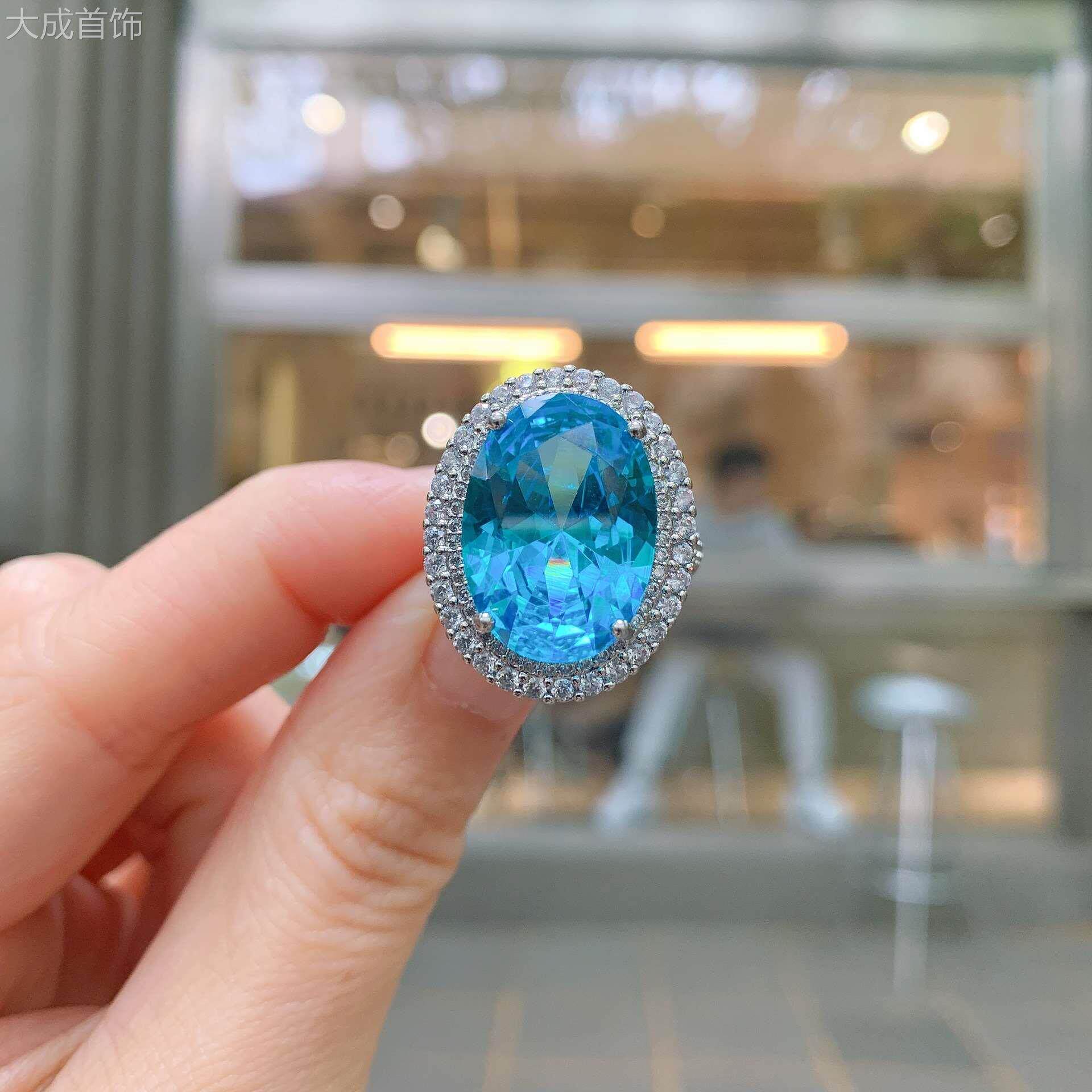 珠宝欧美仿真托帕蓝坦桑蓝复古风戒子闪耀镶钻女士戒指