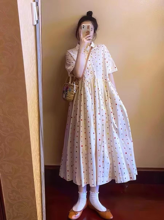 2026夏季新款法式复古彩色波点收腰连衣裙女韩版少女感系带衬衫裙