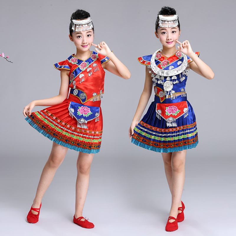 少数民族舞蹈服装儿童彝族土家族欢乐七月火把节演出服表演服新款