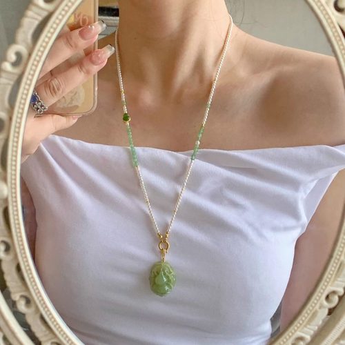 天然淡水珍珠长款项链女碧玉葫芦串珠国风毛衣链吊坠可拆卸万能链