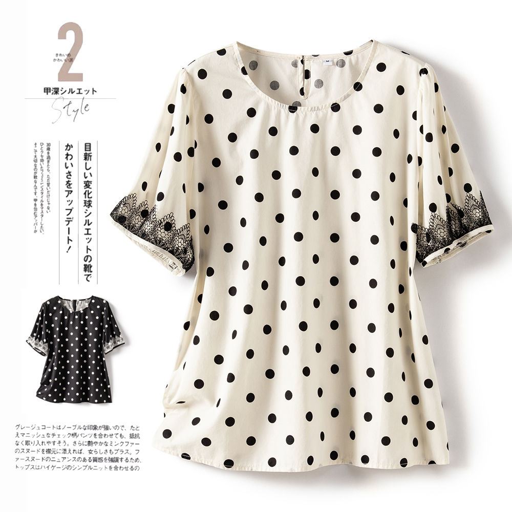 日系通勤简约小圆点纯棉凉爽透气水溶蕾丝短袖圆领套头衬衫上衣女