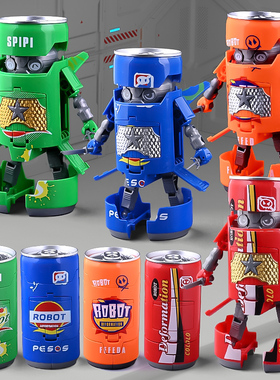 网红变形玩具儿童金刚汽水武士机甲战士易拉罐可乐饮料创意机器人