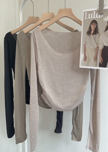 韩代1：1定制 正肩散边领 抽褶长款T恤女内搭 打底衫紧身短款上衣