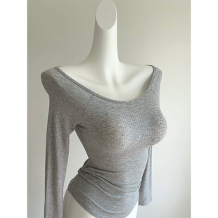 一字肩上衣 长袖 斜肩打底衫 V领修身 女 进口面料 T恤 自留两色