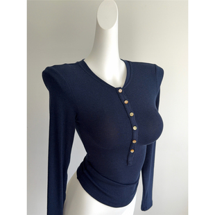 基础灵魂 T恤修身 Bi入 女亨利领长袖 显瘦内搭上衣 磨毛打底衫