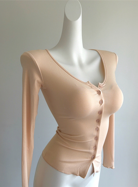 真的巨纯欲！颜色qiao美的打底开衫 T恤女秋季修身显瘦正肩长袖女