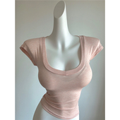 高透慵懒纯欲纯色U领上衣短袖 性感清纯小白花 4色 t恤女2025夏新