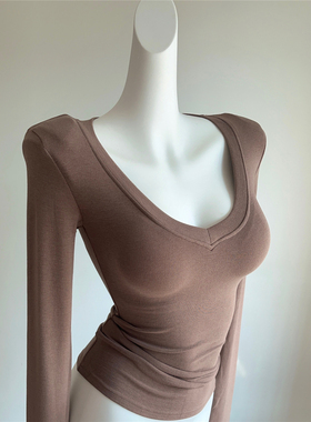 修饰肩形 上身直角肩！自带垫肩打底衫 V领修身显瘦内搭T恤衫女秋