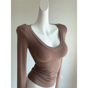 修饰肩形 上身直角肩！自带垫肩打底衫 V领修身显瘦内搭T恤衫女秋