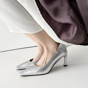 舒适职业上班工作鞋 7cm软皮黑色高跟鞋 女细跟不累脚方头浅口单鞋