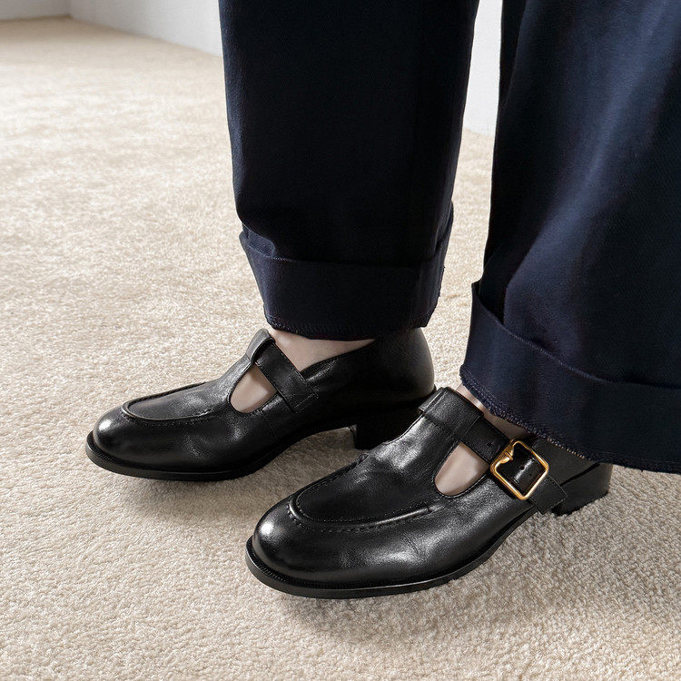 3.3cm重工轻奢真皮超软踩屎软底圆头深口乐福鞋粗跟扣带简约单鞋,女鞋,深口单鞋,淘宝优惠券,粉丝福利购,淘宝优惠卷