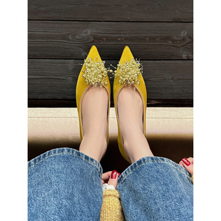 一脚蹬单鞋 猫跟百搭时尚 2026新款 2cm欧美风尖头珠子花朵浅口单鞋