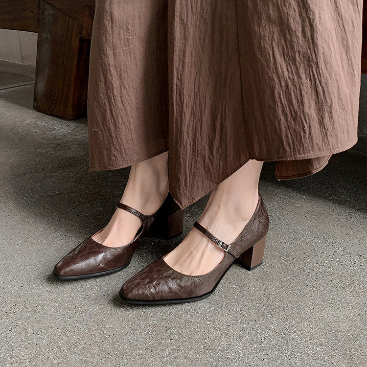 6cm法式复古方头粗跟一字扣带玛丽珍鞋高跟鞋女不累脚黑色单鞋女